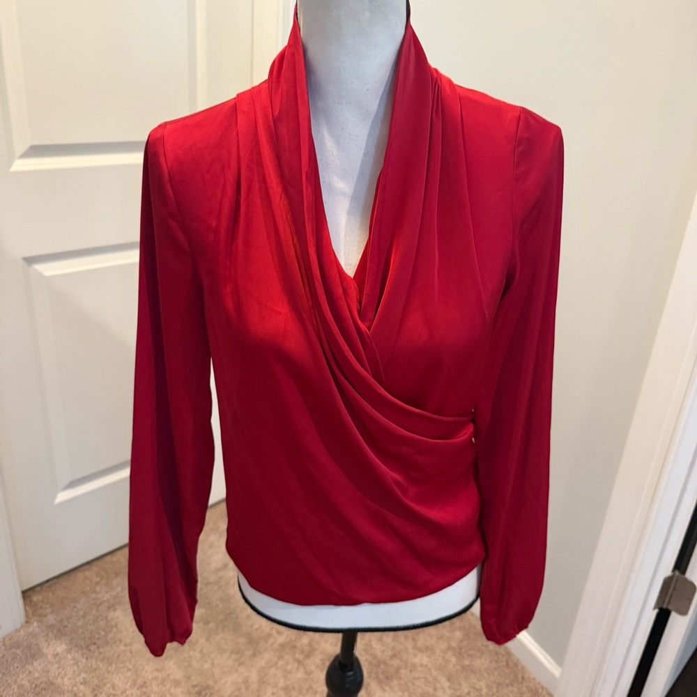 Tahari Red Long Sleeve Wrap Blouse